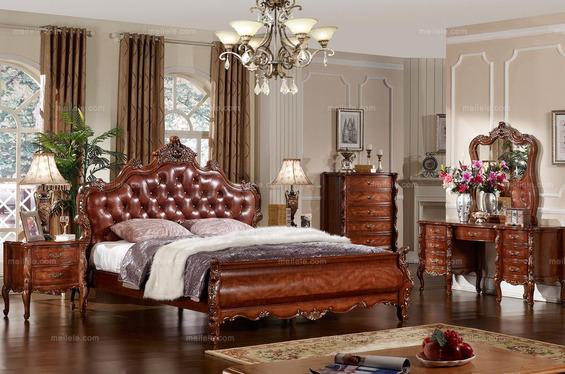 美式古典	双面描金雕花排骨架床